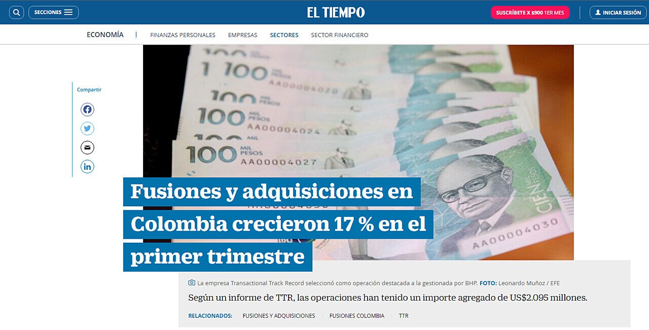 Fusiones y adquisiciones en Colombia crecieron 17 % en el primer trimestre